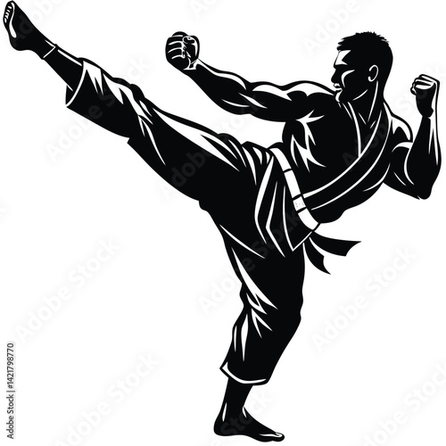 Karate Kick Illustration: Black and White Martial Arts Athlete Vector Graphic