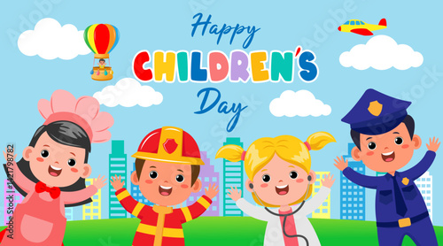 Four kids portraying professionals in chef, firefighter, doctor, and police outfits ideal for diversity and career related concepts. happy children's day.