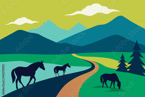 Wild horses running across a desert landscape at sunset, their silhouettes stark against the sky