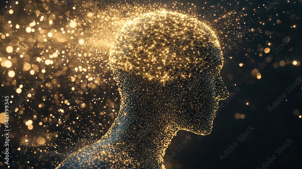 Obraz premium Abstract gold brain profile, creative digital art, particles, background, possible use in tech or design