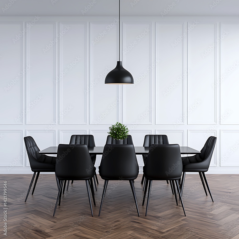 Elegant Dining Area with Modern Black Furniture and Herringbone Wood Flooring for Interior Design Inspiration.