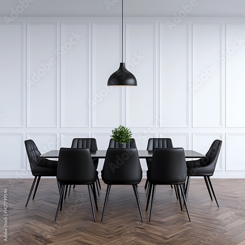 Obraz na płótnie Elegant Dining Area with Modern Black Furniture and Herringbone Wood Flooring for Interior Design Inspiration. w salonie
