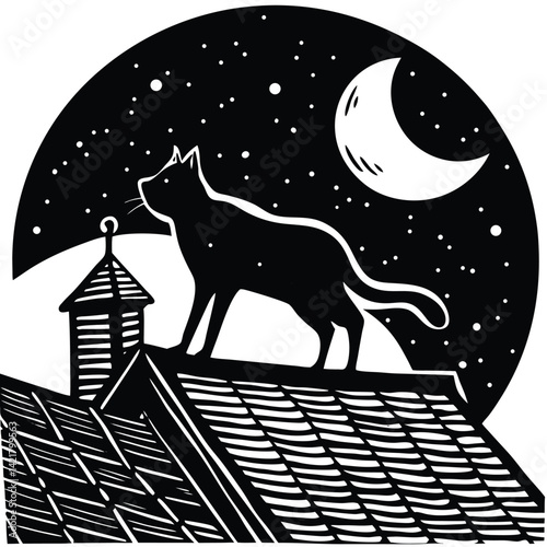 Black Cat on Roof at Night Woodcut Illustration with Moon and Stars
