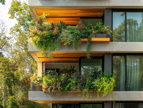 Contemporary office building with balcony gardens and natural wood textures