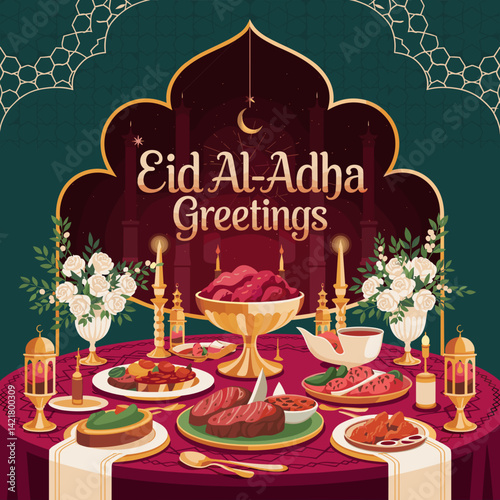 Traditional Eid feast display with roast meat fruits and flowers surrounded by glowing candles