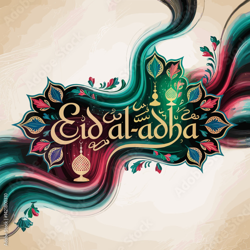 Elegant Eid al-Adha banner with Arabic calligraphy surrounded by swirling incense smoke patterns