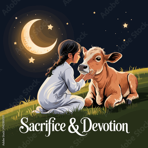 Child gently caressing a calf beneath crescent moon and twinkling stars during Eid al-Adha