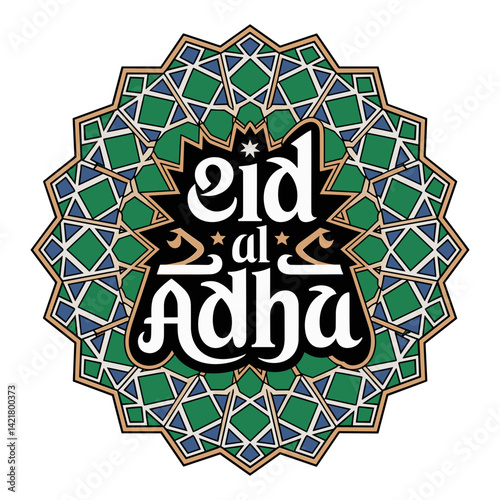 Vibrant Eid al-Adha geometric star design in green, blu,e and gold with intricate pattern details