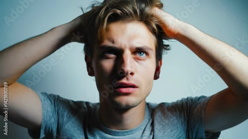 Lost in Thought: A young man gazes upward with a look of contemplation, his hands buried in his hair, suggesting a moment of deep reflection or frustration.