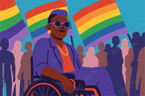 Black queer disabled, afrlcan in rainbowcolours in wheelchair at gay pride, stop or prohibit discrimination against someone because of a disability or sexual orientation