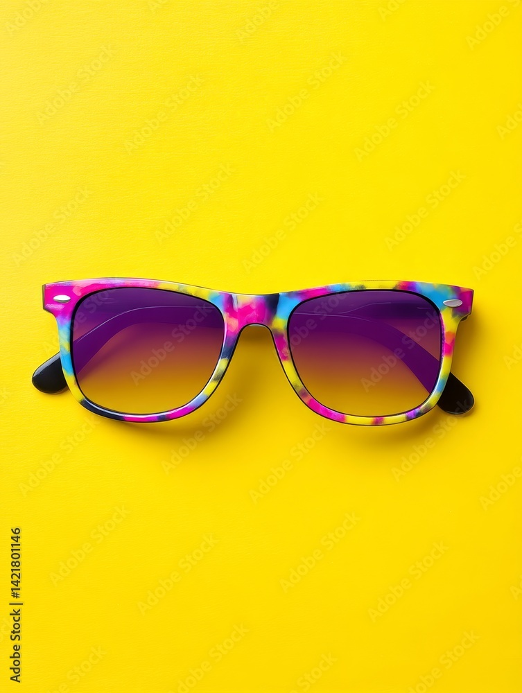 Colorful Summer Sunglasses on Yellow - Trendy tie-dye sunglasses on a vibrant yellow background. Perfect for summer fashion, travel, and vacation themes Colorful Summer Sunglasses on Yellow - Trendy tie-dye sunglasses on a vibrant yellow background. Perfect for summer fashion, travel, and vacation themes