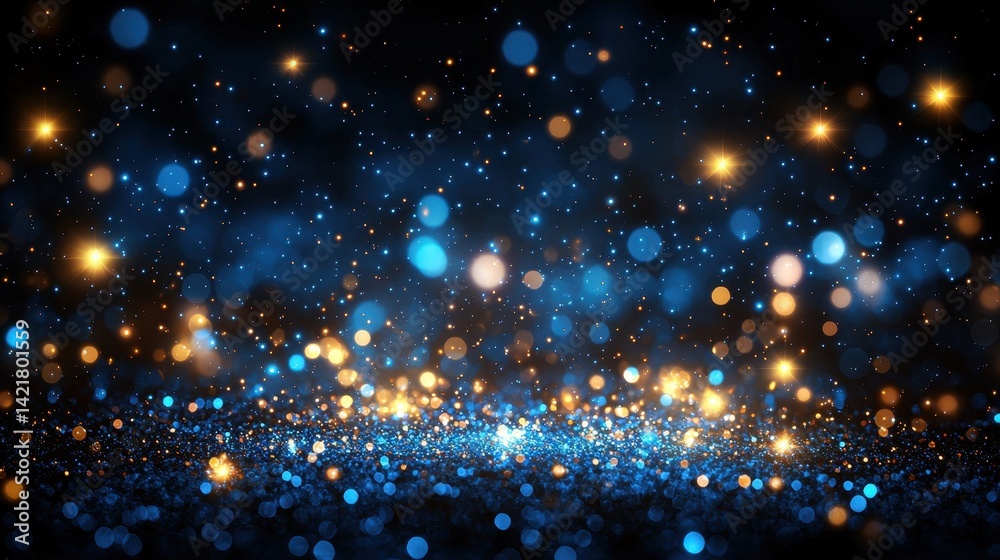 Obraz premium Sparkling Blue and Gold Bokeh Background with Shimmering Lights