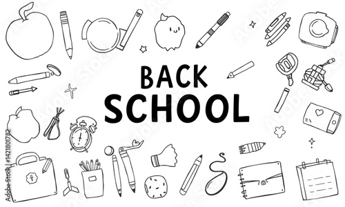 collection of school related doodles including pencils, notebooks, and apple, symbolizing excitement of back to school season