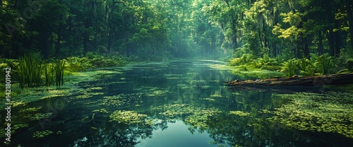 Serene waterway cuts through verdant forest, reflecting light and foliage