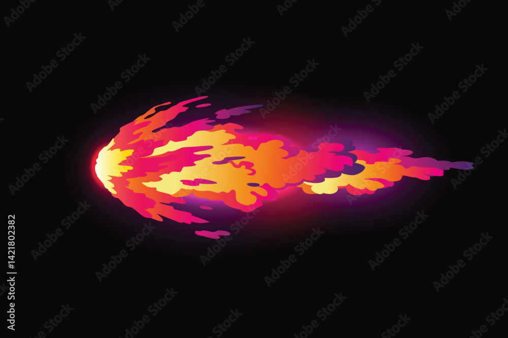 Speed effect cartoon vfx. Comic line blaster shot. Energy fire flame light. Neon color, asteroid flying rock. Flash lightning motion. Fantasy vector element