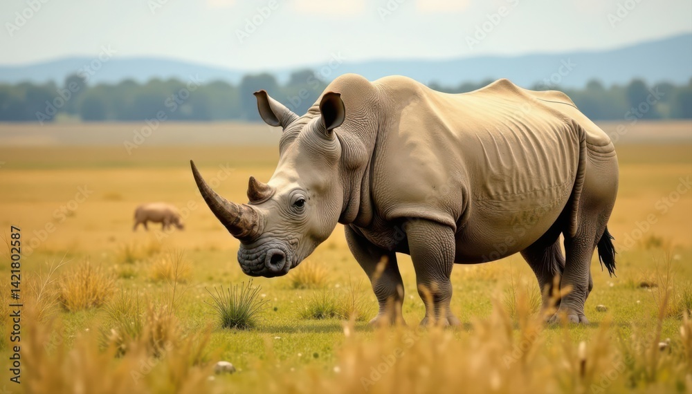 Fototapeta premium Majestic white rhino, symbol of African savanna's threatened fauna , grazing, Africa, clipping path