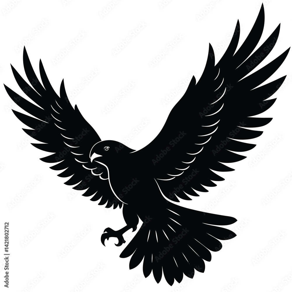 Obraz premium Black Silhouette of an Eagle Flying with Wings Spread Outward - Vector Graphic