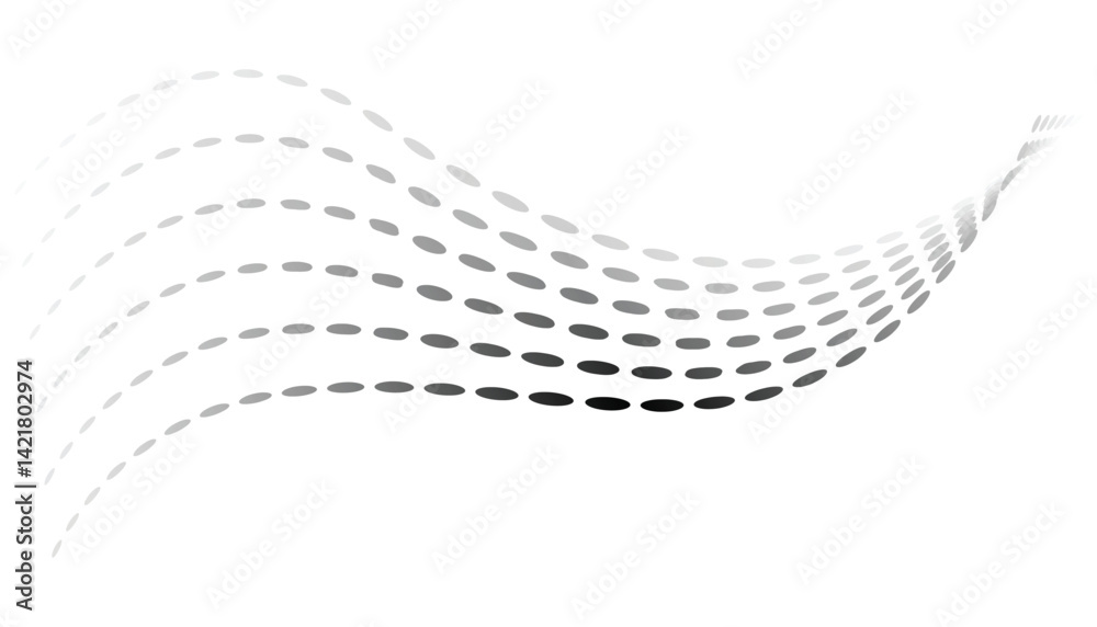 Dotted halftone waves. Flowing wavy lines pattern. Abstract liquid shapes, wave effect dotted gradient texture. Curve textures with halftone circular point isolated on white background