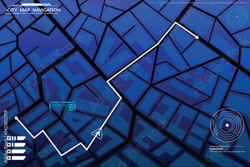 Obraz na płótnie Navigation map game. Futuristic UI for city streets roadmap, gps orientation, app vector template. Road direction in digital navigation map on screen display w salonie