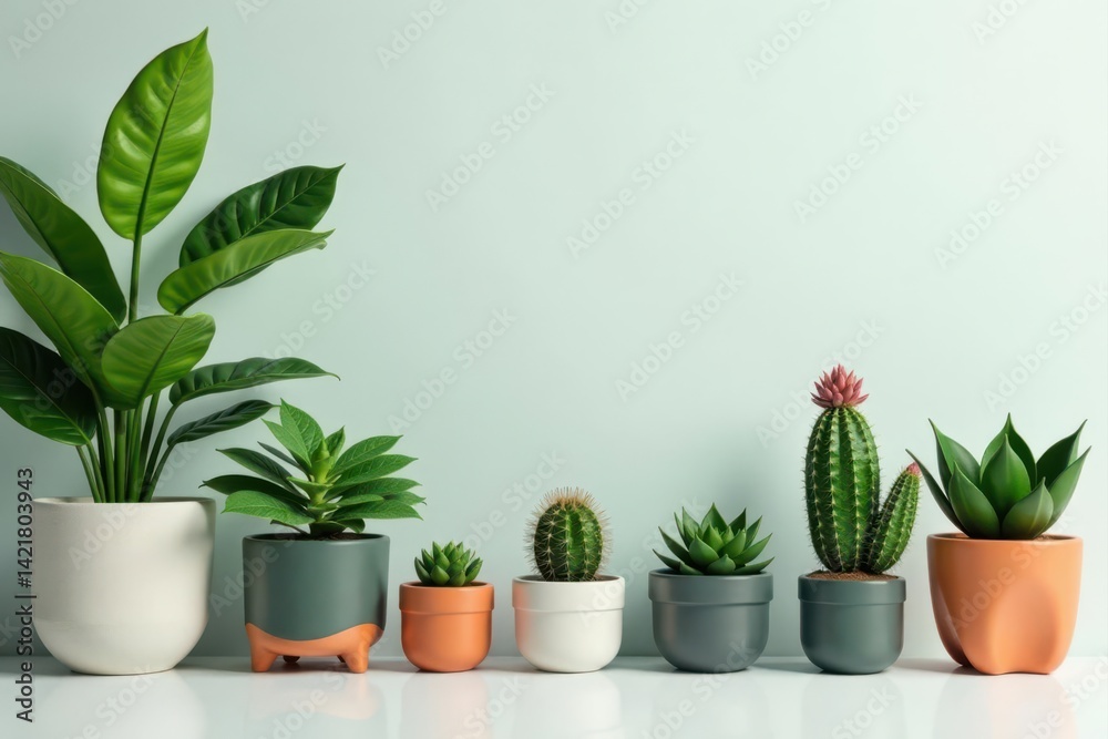 Obraz premium Stylish potted plants, various textures, clean backdrop, decorative, indoor plants