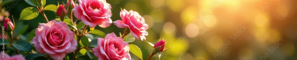 Sun-drenched pink rose bush, abundant blooms, idyllic summer scene, sunlight, bloom, high resolution Sun-drenched pink rose bush, abundant blooms, idyllic summer scene, sunlight, bloom, high resolution