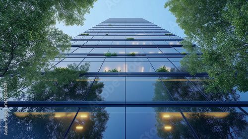 Modern sustainable office building with green terraces, vertical gardens, glass faced, eco-conscious architecture, cityscape backdrop