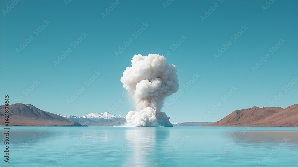Fototapeta premium Large White Smoke Explosion Over a Calm Blue Lake and Mountains