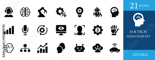 AI and Tech solid icon set featuring 21 modern black vector icons. Includes AI brain, chatbot, robotics, automation, voice recognition & data analytics. Perfect for apps, websites, or infographics