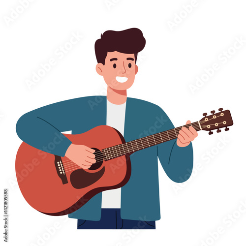 Young Man Playing Red Acoustic Guitar Portrait