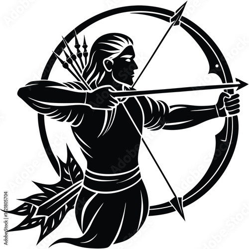 Black Silhouette Archer Aiming Bow and Arrow Within Circle, Vector Illustration