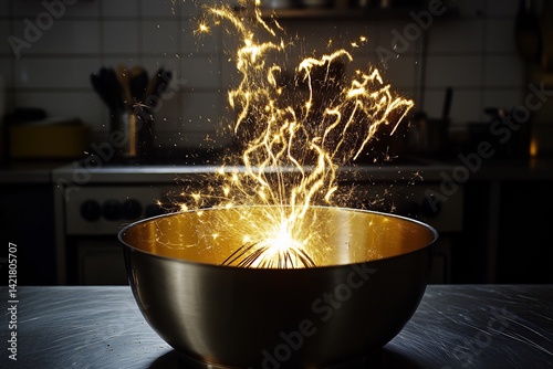 Kitchen scene with light trails from a whisk spinning in a bowl experimental culinary photography