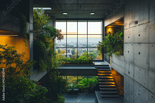Modern workspace with greenery-covered terraces, clean glass walls, and open interiors designed for employee well-being