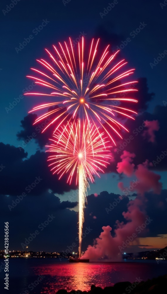 Vibrant fireworks bursts illuminate night sky, sparkler, bright Vibrant fireworks bursts illuminate night sky, sparkler, bright