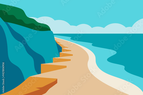 Serene morning beach panorama with a blue sky, calm ocean, and tropical coastline