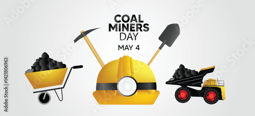 Coal Miners Day May 4 safety light helmet with tools vector poster