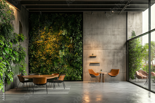 Modern workspace with greenery-covered terraces, clean glass walls, and open interiors designed for employee well-being