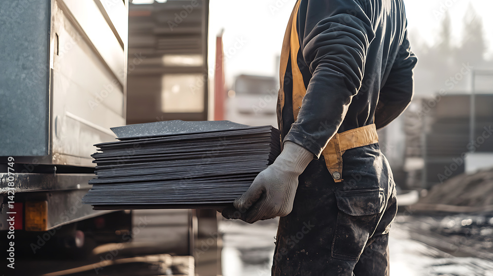 Worker Loading Metal Sheets onto Truck