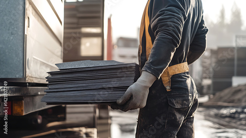 Obraz na płótnie Worker Loading Metal Sheets onto Truck w salonie