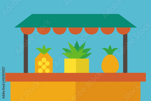 Tropical beach house illustration with palm trees and sun