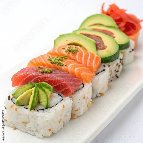 Assorted Sushi Rolls Topped with Avocado, Tuna, and Salmon