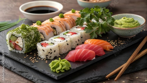 Elegant Sushi Platter with Sashimi, Rolls, and Garnishes