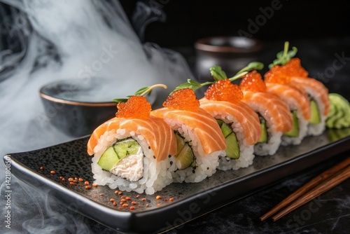 Salmon Sushi Rolls with Artistic Smoky Garnishes on Black Plate