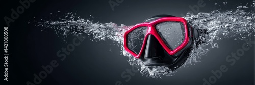 Diving Mask in Motion - Red and black diving mask emerging from water, bubbles surrounding it. Perfect for aquatic sports, diving, and underwater themes photo
