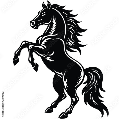 Black Horse Rampant Vector Illustration | Heraldic Stallion Silhouette | Majestic Prancing Horse Design | Equine Symbol Art