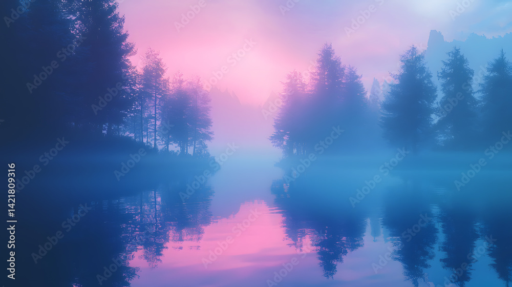 Mystical Lake at Dusk:  A tranquil body of water mirrors a mesmerizing sky ablaze with hues of pink and purple, as the silhouettes of trees frame a serene, dreamlike scene. 