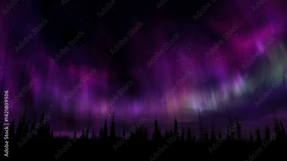 Naklejka premium Aurora borealis northern lights night sky stars trees landscape nature dark purple green scenic 100