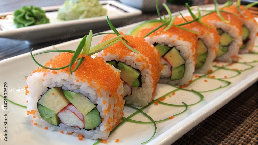 Sushi Rolls Topped with Fish Roe and Avocado Garnishes Sushi Rolls Topped with Fish Roe and Avocado Garnishes