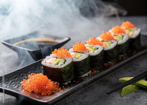 Sushi Rolls Topped with Fish Roe on Black Plate