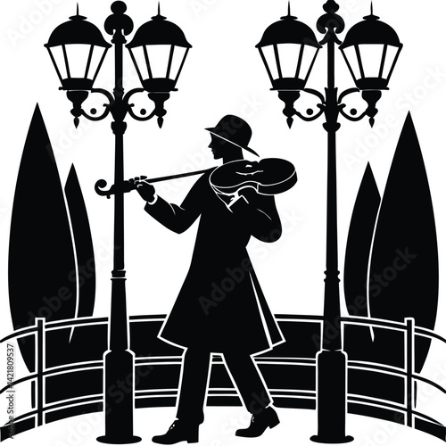 Silhouette of a Violinist on a Bridge: Black and White Vector Illustration of a Musician Playing Fiddle Under Street Lamps