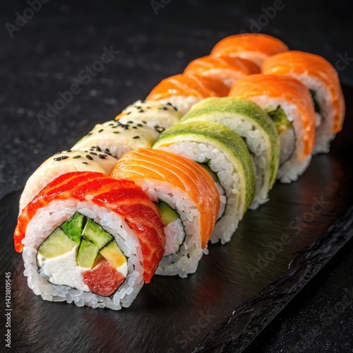 Sushi Rolls with Salmon, Avocado, and Sesame Garnishes